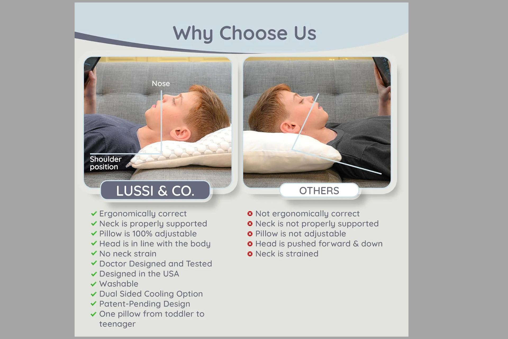 A diagram of why to choose Lussi and Co pillow over others
