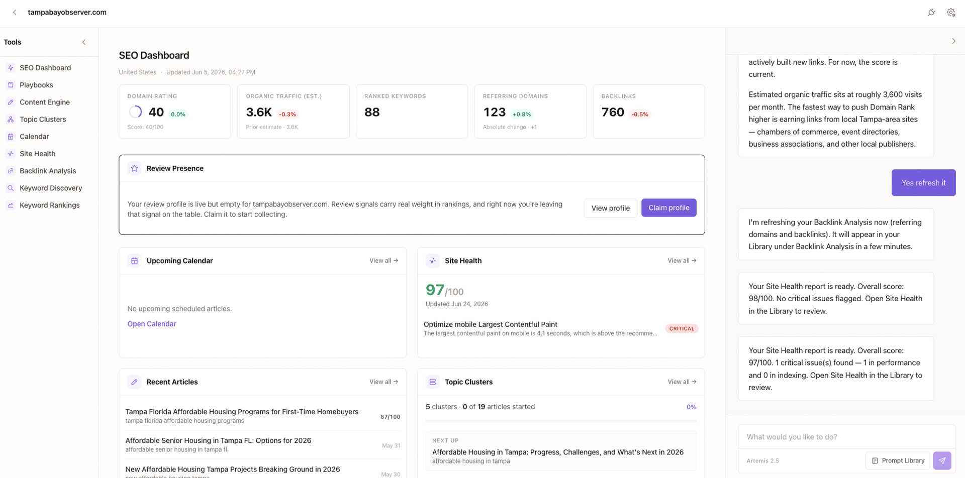 Screenshot of the RankScore dashboard with Artemis chat visible on the right hand side