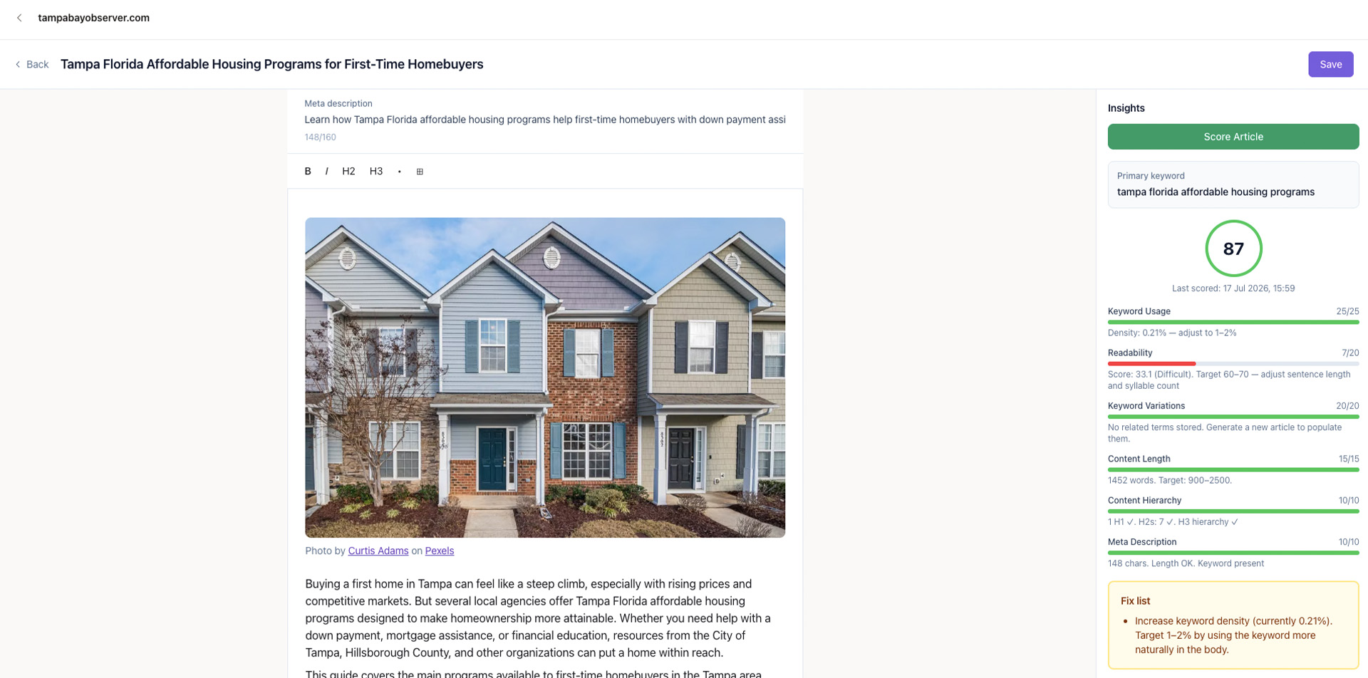 Screenshot of an article generated in RankScore